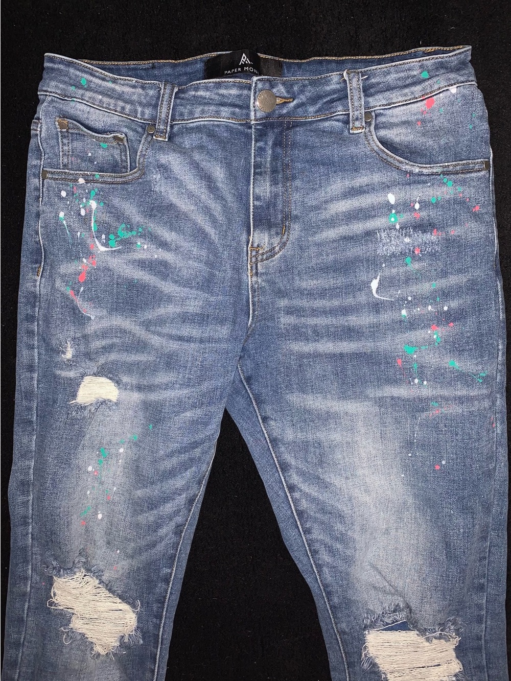 Paper Money Slim Men’s Blue Denim Jeans with Multicolor Paint Splatter
